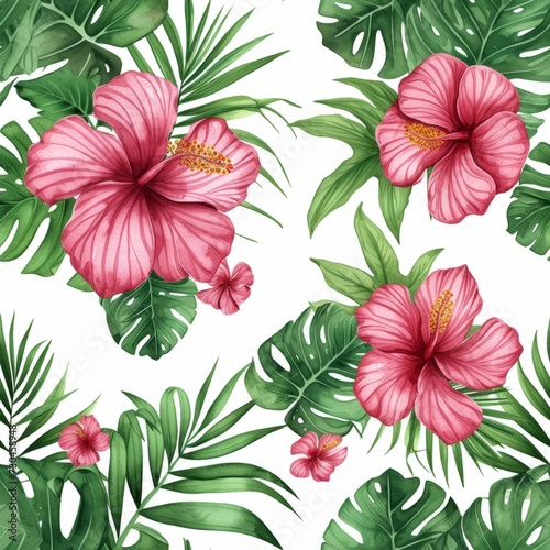 Tropical flowers, Palm leaves on white background, . Seamless patterns