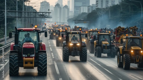 A convoy of tractors with activated lights participating in a rally on a busy urban road. © Juan