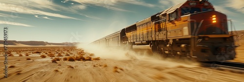 Fototapet Freight train crossing bridge across arid and dusty desert on railroad tracks