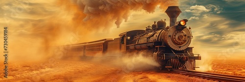 Obraz na płótnie Freight train crossing bridge across arid and dusty desert on railroad tracks
