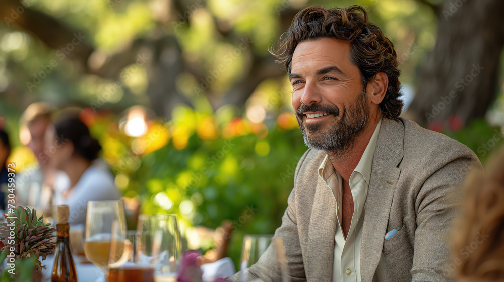 A dapper man with a charming smile enjoys a glass of wine at an outdoor wedding, surrounded by delicate flowers and stylish tableware A dapper man with a charming smile enjoys a glass of wine at an outdoor wedding, surrounded by delicate flowers and stylish tableware
