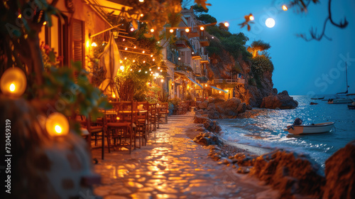 At the edge of the bustling city  a tranquil oasis awaits on a cliffside sidewalk adorned with tables and chairs  overlooking the shimmering water below as the sky transitions from light to dark