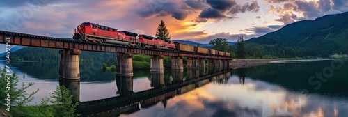 Freight train crossing bridge over lake on railroad tracks