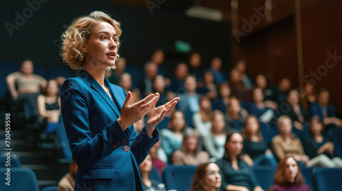 A confident woman commands attention in her elegant attire as she addresses a captivated audience at a convention in an indoor auditorium