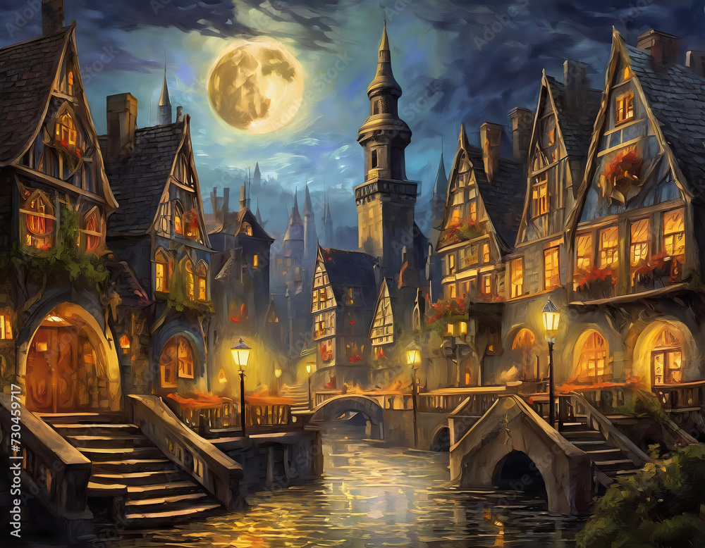 Dreamlike view of a medieval rich town with moonlight detailed baroque painting at night time
