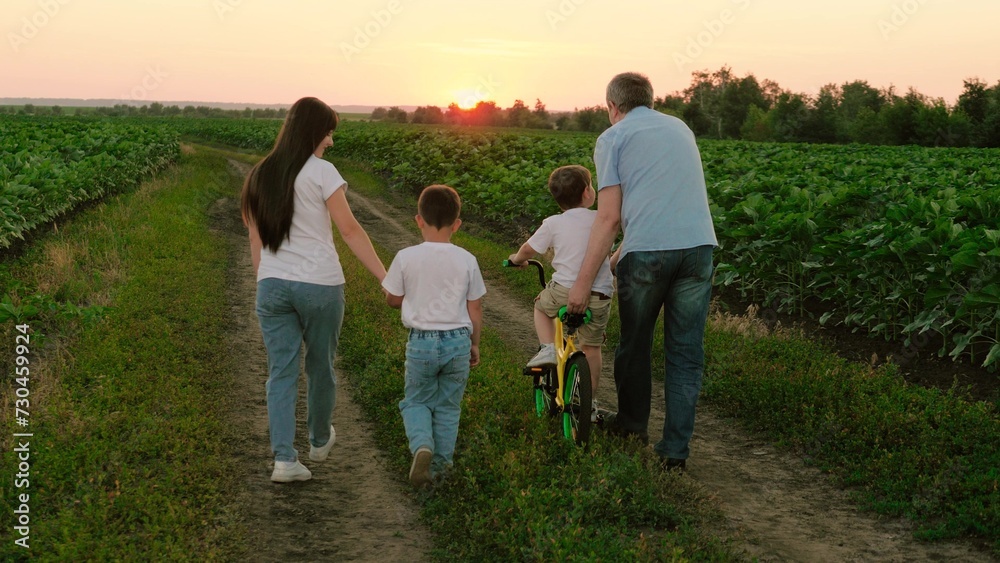 Joyful mother grasps son hand while father instructs younger son in art of cycling. Satisfied dad teaches delighted son cycling and mother strolls alongside with preschooler boy on road passing garden