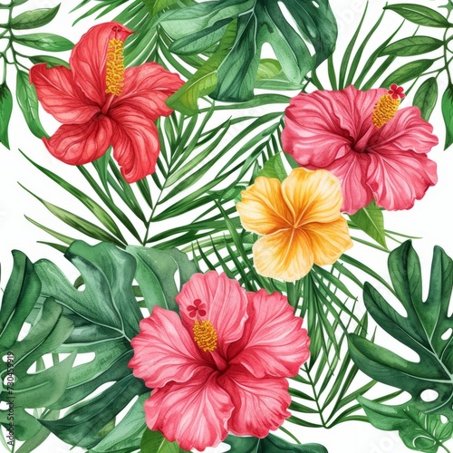Tropical flowers  Palm leaves on white background  . Seamless patterns