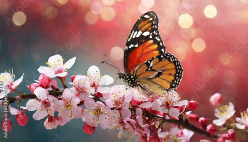 Beautiful butterfly and branch with tiny flowers on light red background, bokeh effect. Awesome spring blossom © adobedesigner
