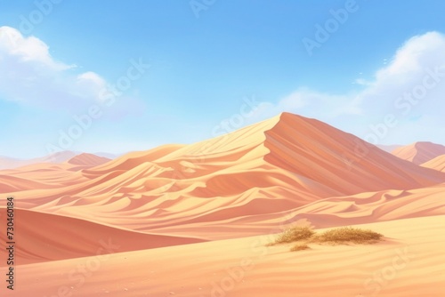 sand dunes in the desert, A serene desert landscape with golden sand dunes under a clear sky..