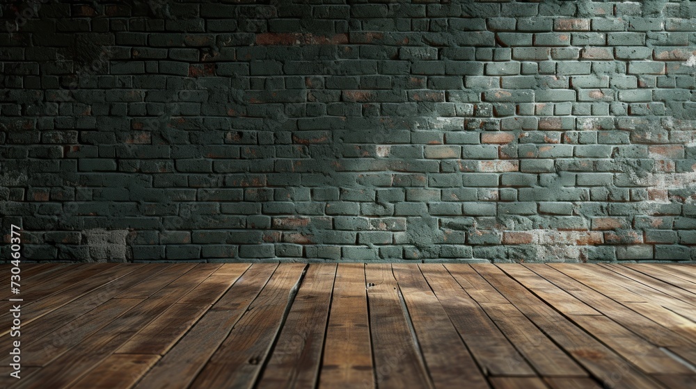 Green olive brick wall and wooden floor in an empty room, in the style of minimalist. Generative AI.