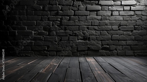 Dark brick wall and wooden floor in an empty room  in the style of minimalist. Generative AI.