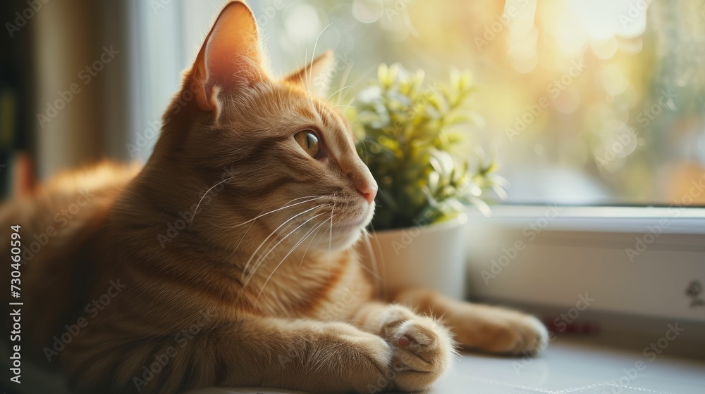Cat influencer captured in a serene, minimalistic setting, soft natural lighting highlights its features, with a focus on a peaceful, contemplative pose