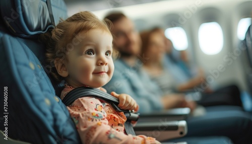 Photo of Parents who buckle up their children in airplane seats. Generative AI.