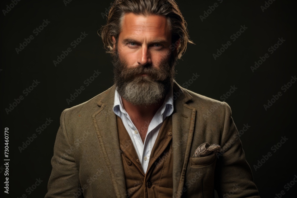 handsome bearded man with stylish hair and mustache on serious face in brown jacket on black background