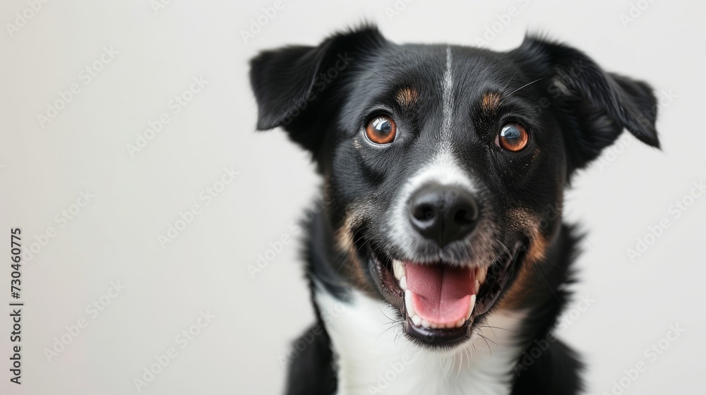Minimalistic portrait of a dog influencer, sharp focus on its smiling expression, against a pure white background, embodying joy and simplicity