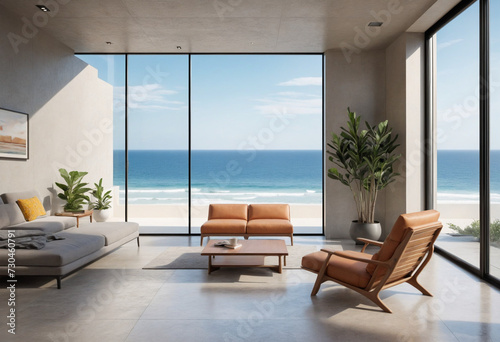 living room of contemporary home or upscale hotel on concrete floor. house interior with a view of the sea and a beach. 