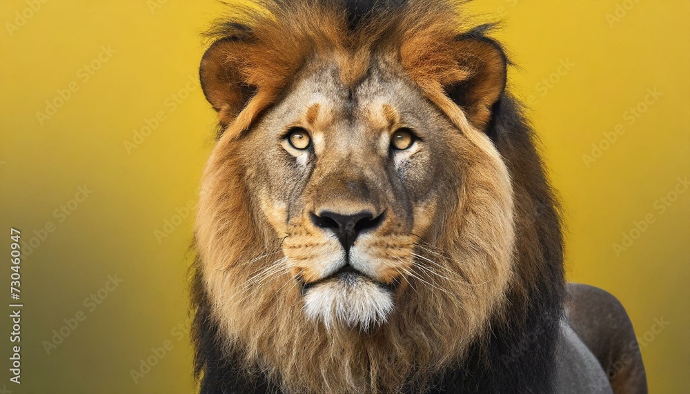 Headshot of African male lion looking into camera. yellow background.