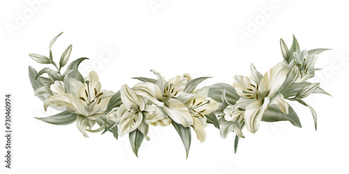 Watercolor composition of white lily flowers with leaves. For postcards, invitations, flyers, websites, flower stores, labels, packaging, wrapping paper. photo
