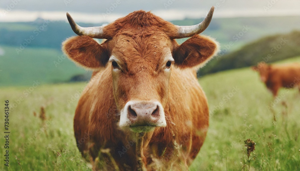 Cow, agriculture and farm landscape with grass, field of green and calm countryside nature. Eid al-adha