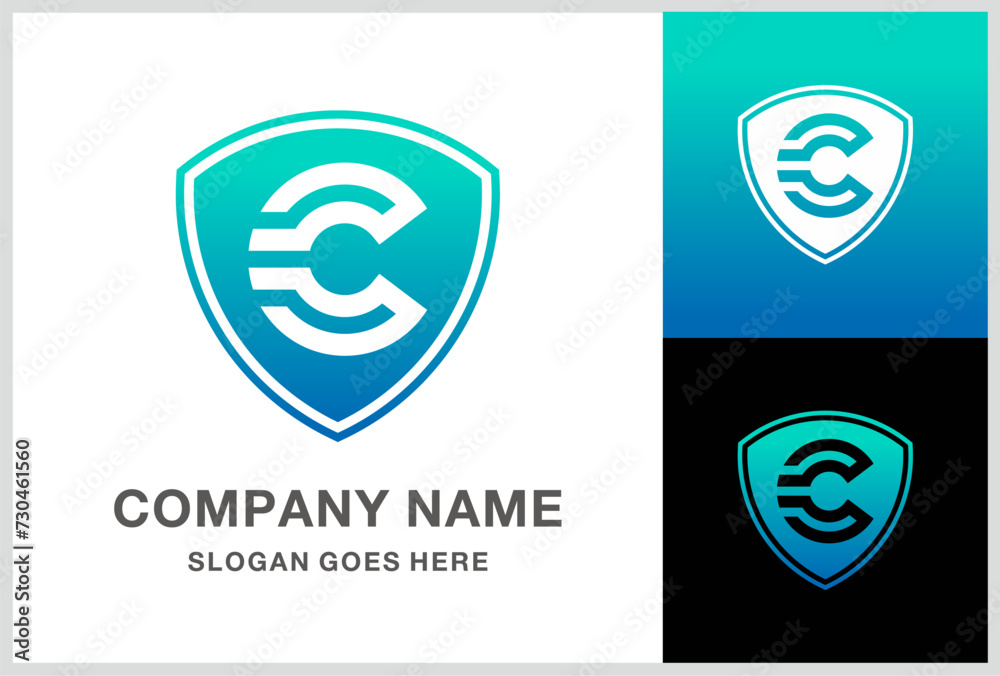 Monogram Letter C Digital Shield Business Company Stock Vector Logo Design Template