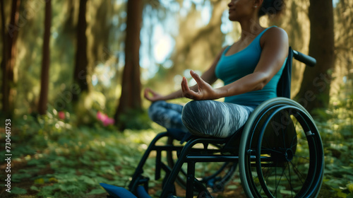 African american disabled woman in wheelchair practicing yoga meditation for wellness and mental wellbeing. Inclusive exercise in nature for handicapped people. AI generated. Copy space