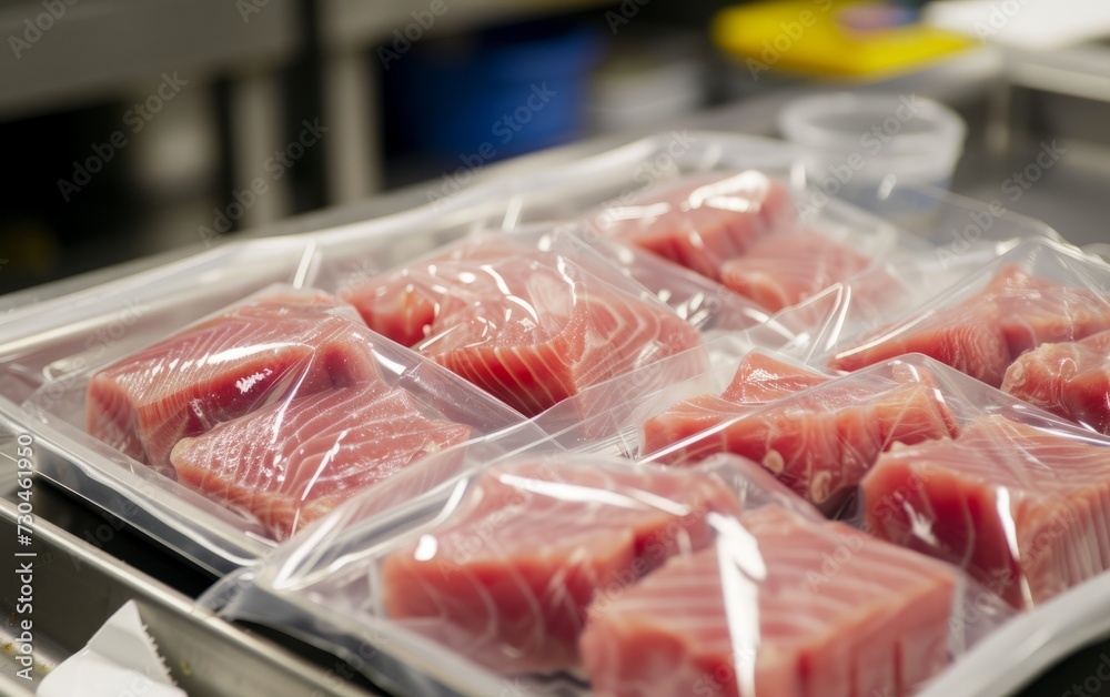 Raw fresh tuna meat in vacuum-sealed in clear plastic on conveyor belt 