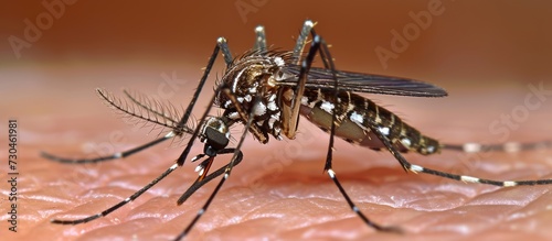 Mosquitoes feed by piercing the proboscis into the human body, while they sit on the body's surface. photo