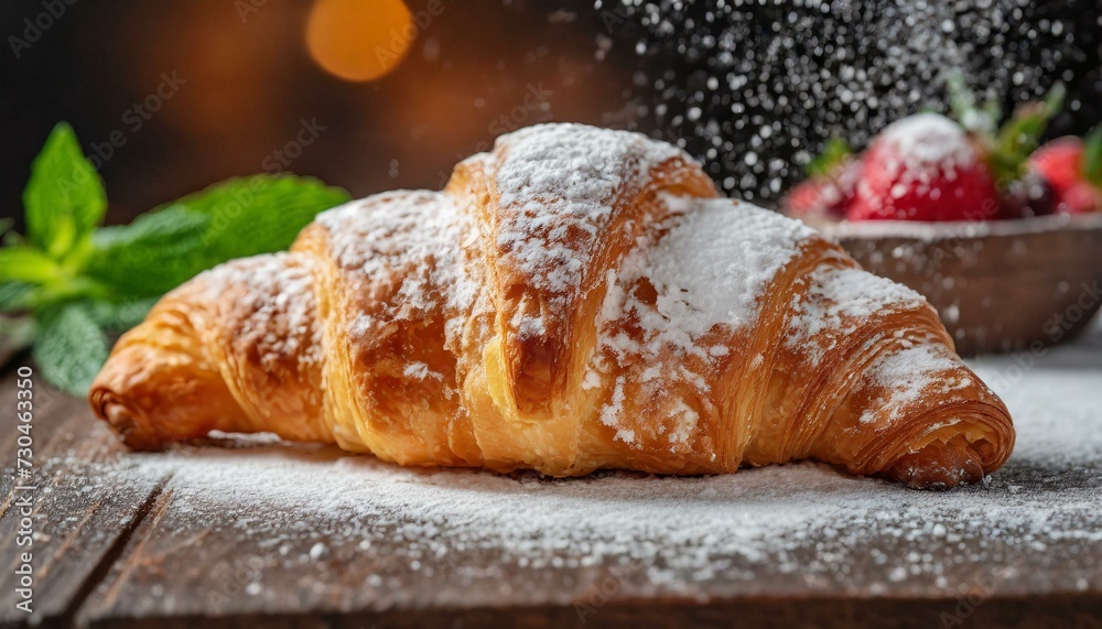 Macro shot a freshly baked croissant with powdered sugar