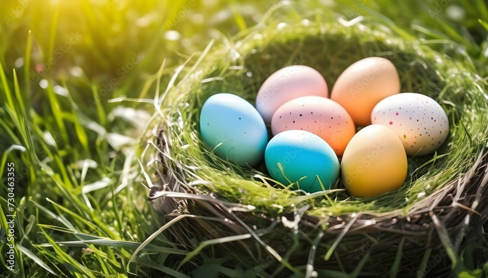 Nest with easter eggs in grass on a sunny spring day - Easter decoration, banner, panorama, background with copy space, happy easter day concept backgrounds created with generative ai