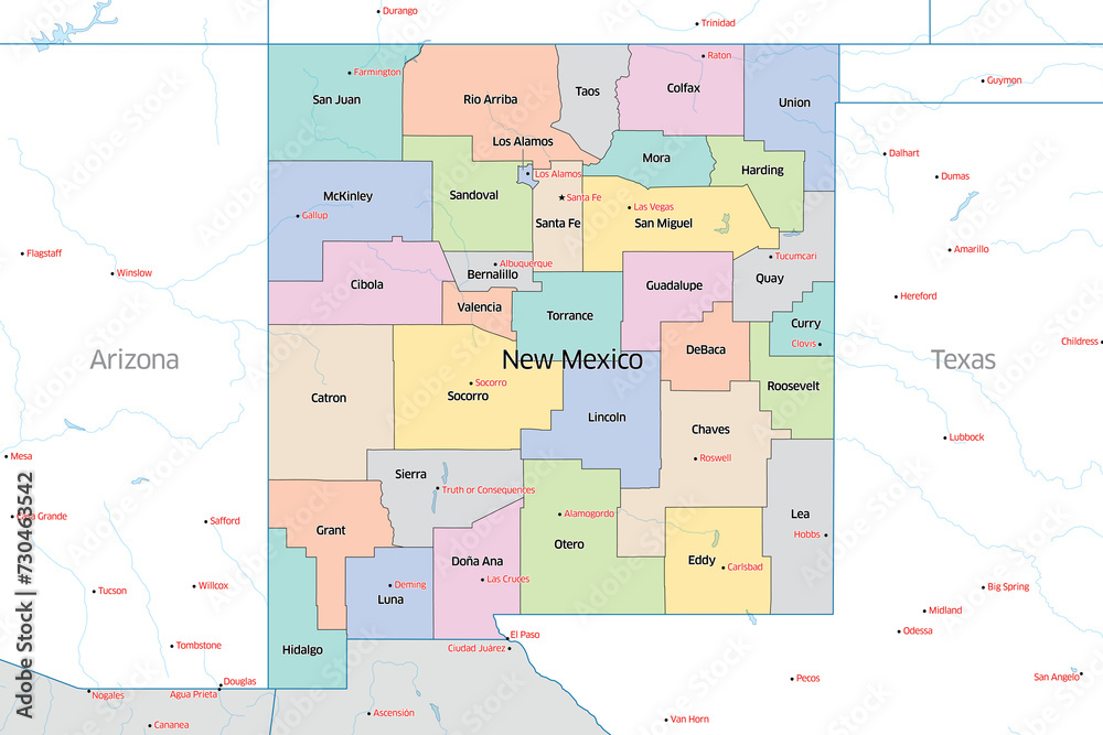 Colorful political map of the counties that make up the state of New Mexico located in the United States.