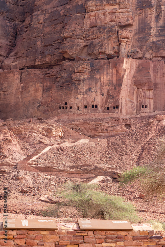 Rock cut tombs at the Dadan visitor center, site of an ancient kingdom.