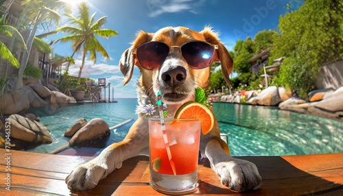  Dog Enjoying a Cocktail in the Pool © adobedesigner