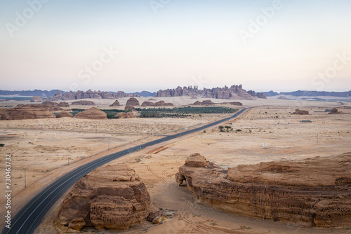 Highway in the Saudi Arabian desert, seen from a hot air balloon.