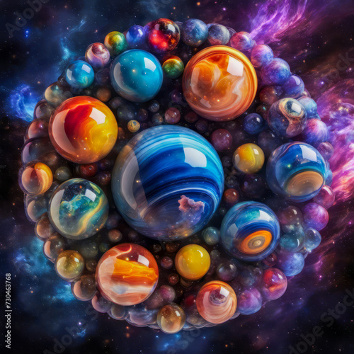 abstract background composed of colorful marbles resembling planets galaxies and the universe