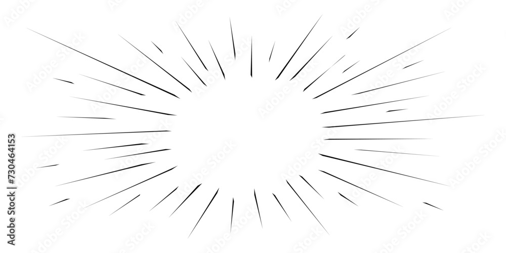 Black radial lines on white background. Boom, burst, explosion, flash rays effect in manga comic book. Surprise, impact, attention, superhero phenomenon anime design. Vector graphic illustration Black radial lines on white background. Boom, burst, explosion, flash rays effect in manga comic book. Surprise, impact, attention, superhero phenomenon anime design. Vector graphic illustration