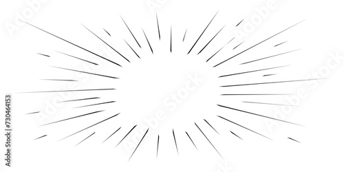 Black radial lines on white background. Boom, burst, explosion, flash rays effect in manga comic book. Surprise, impact, attention, superhero phenomenon anime design. Vector graphic illustration