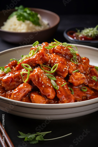 A Bowl of chinese-style fried chicken breast dressed in a sticky sauce with rice and condiment on background. General tso chicken. Vertical, close-up, side view.