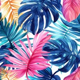 Colored Palm leaves, tropical background, hand drawn watercolor botanical painting. Seamless pattern, jungle wallpaper