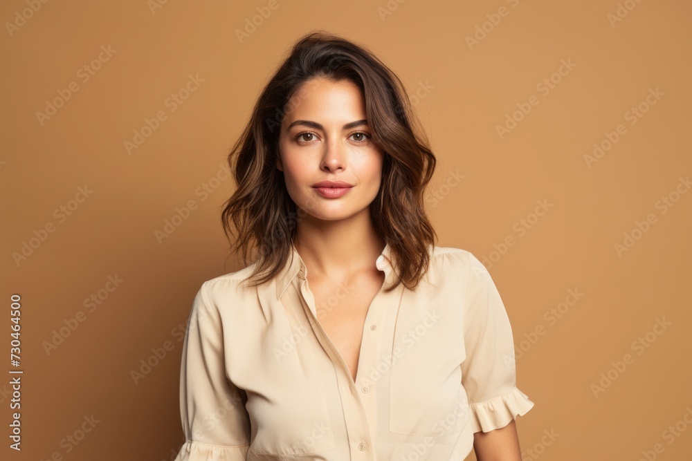 Portrait of a beautiful young brunette woman in a shirt on a brown background Portrait of a beautiful young brunette woman in a shirt on a brown background