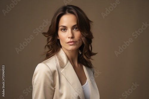 Portrait of a beautiful brunette woman in beige jacket.