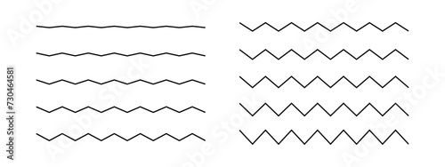 Horizontal zigzag lines. Jagged borders or dividers. Serrated stripes with different amplitudes of distortion. Water, fluid, air, wind symbols isolated on white background. Vector outline illustration