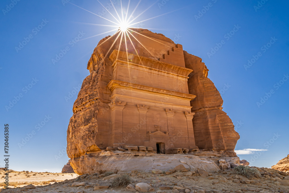 Nabatean rock cut ruins at the Hegra archaeological area.