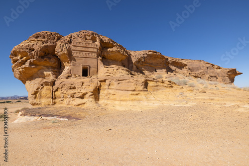 Nabatean rock cut ruins at the Hegra archaeological area.