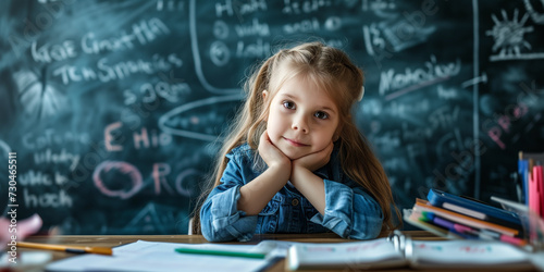 Beautyful litle girl sittin listening and looking at the camera at the school with blackboard background big blue eyes, classroom