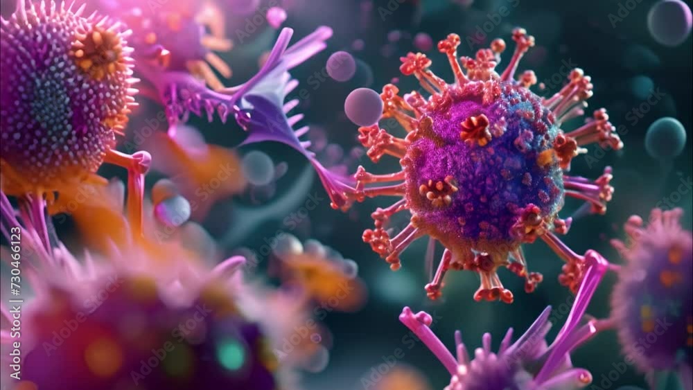 3D illustration of virus particles with detailed spikes and textured surface depicted against a blurred background 3D illustration of virus particles with detailed spikes and textured surface depicted against a blurred background