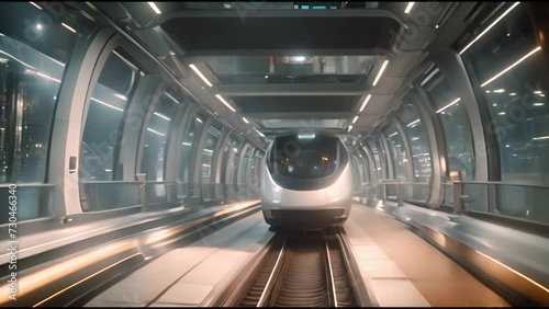Modern high-speed train moving through a futuristic tunnel with city lights visible outside the windows photo