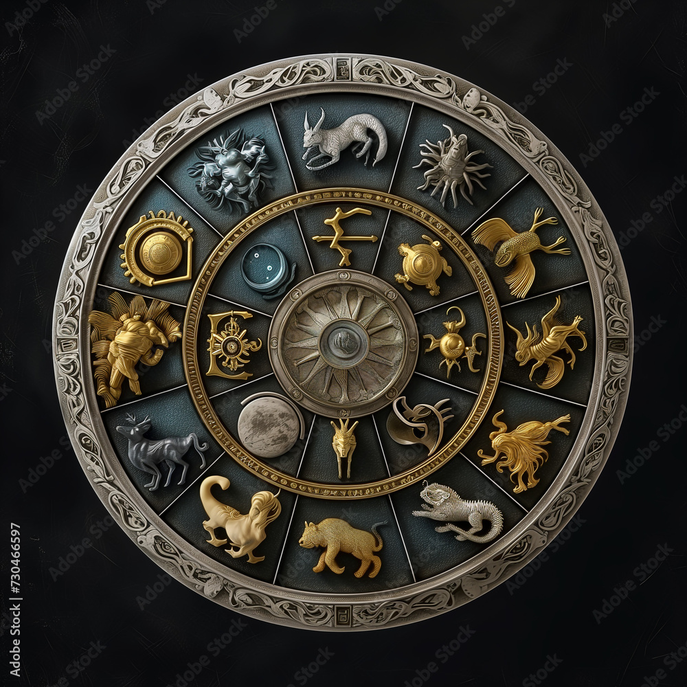 wheel featuring the signs of the zodiac against a backdrop of deep black