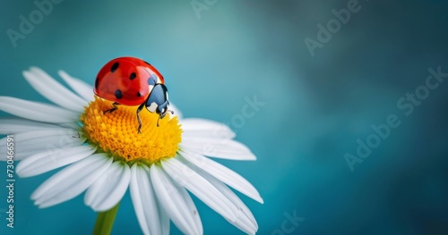a red ladybug on a white daisy with blue background Generative AI