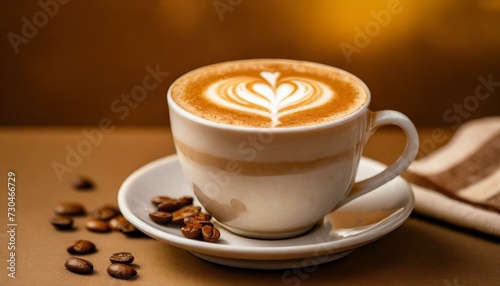 Coffee Latte with a Heart Pattern . brown background. 