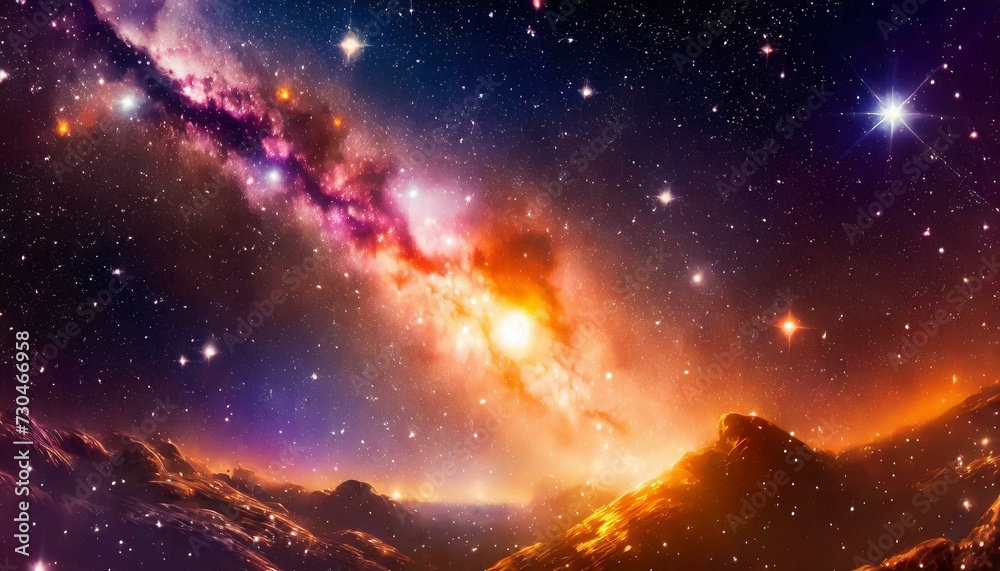 Fototapeta premium Universe filled with stars, nebula and galaxy pink background 